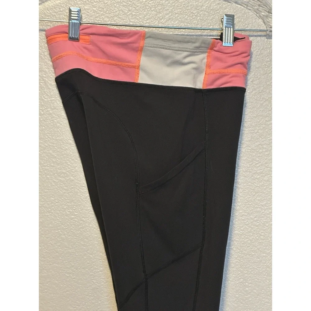LULULEMON Speed Tight Black Ruched Leggings Pockets Size 6‎ Striped Waistband